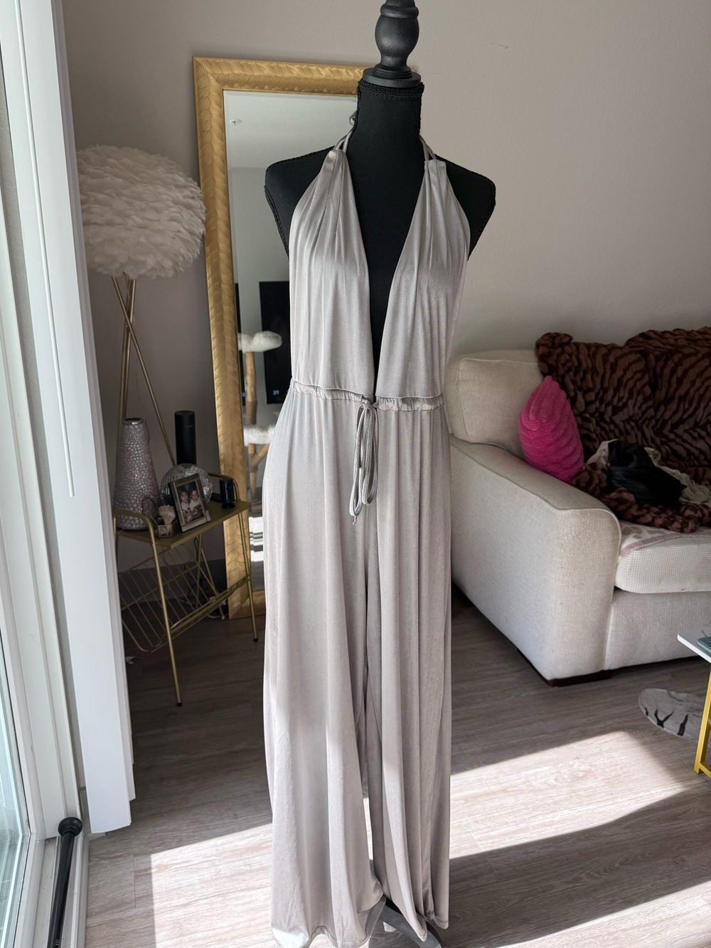 Collectiva Noir Plunging Halter Wide Leg Jumpsuit in Sparkle Sage